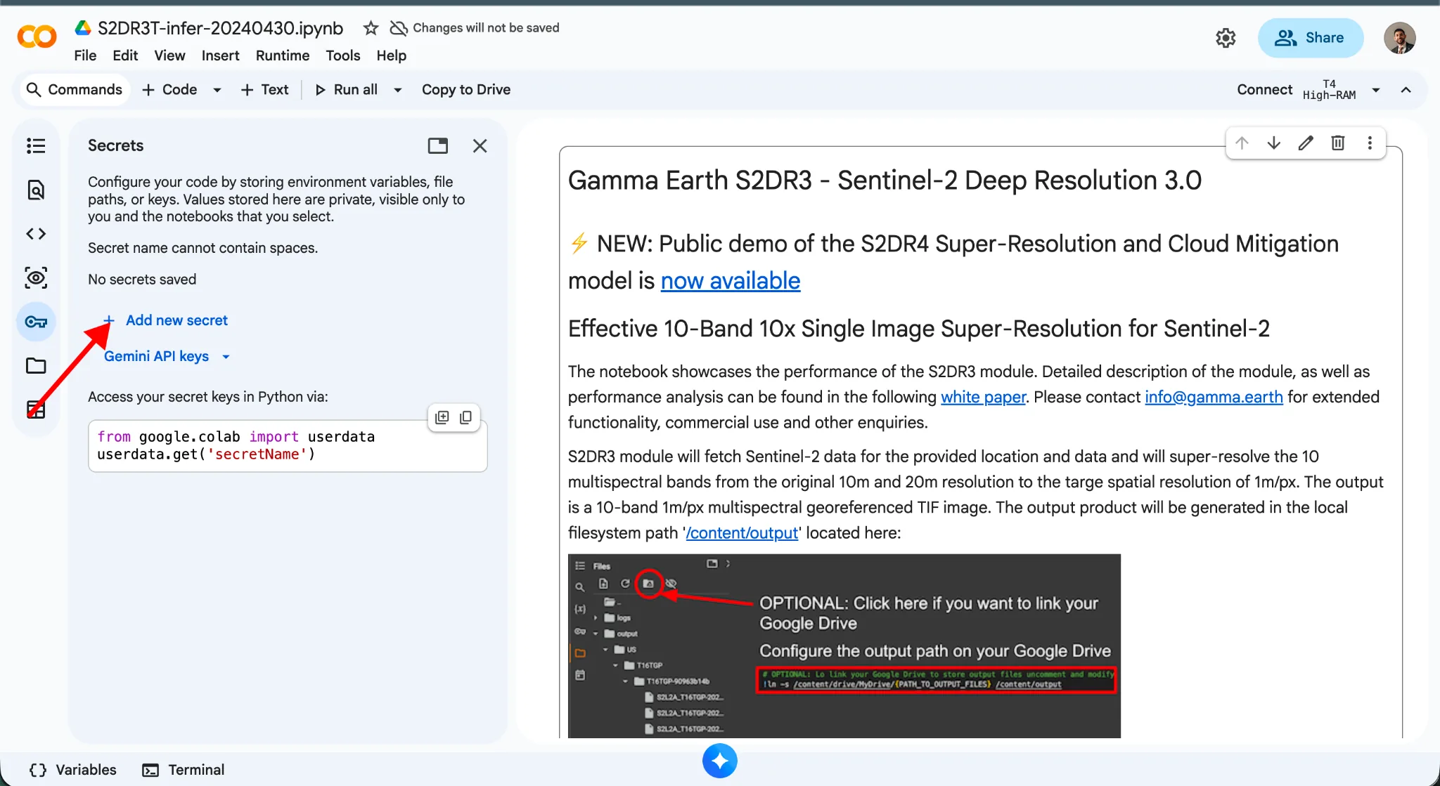Google Colab Secrets panel with the Add new secret option highlighted