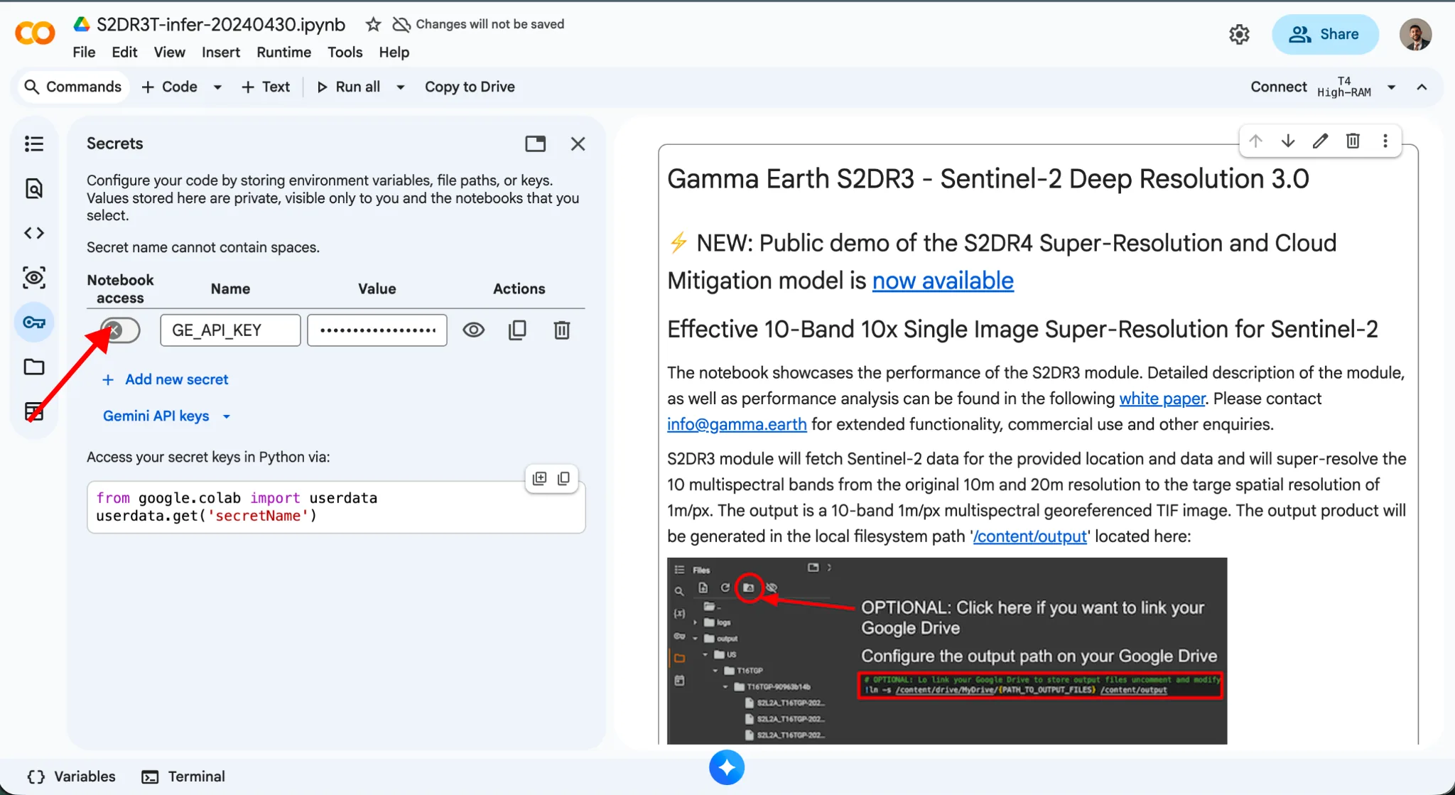Panel Secrets de Google Colab con el secreto GE_API_KEY y el acceso del cuaderno habilitado