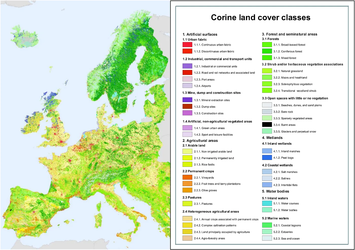 Map of the European Union coloured by CORINE land-use and land-cover class, with a legend of the class hierarchy.