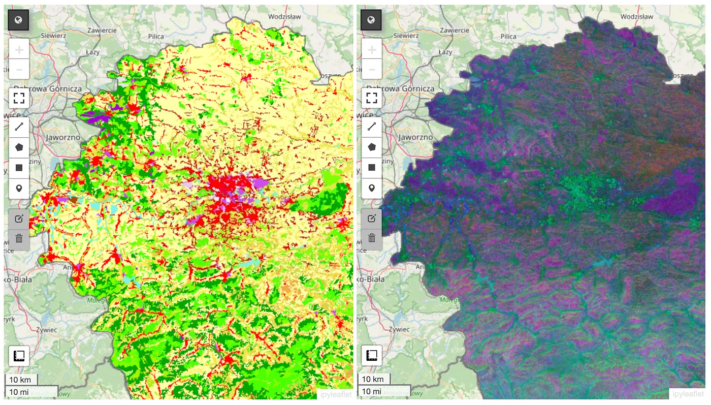 Side-by-side maps of the Malopolskie Voivodeship in Poland: CORINE classes on the left, AlphaEarth embeddings on the right.