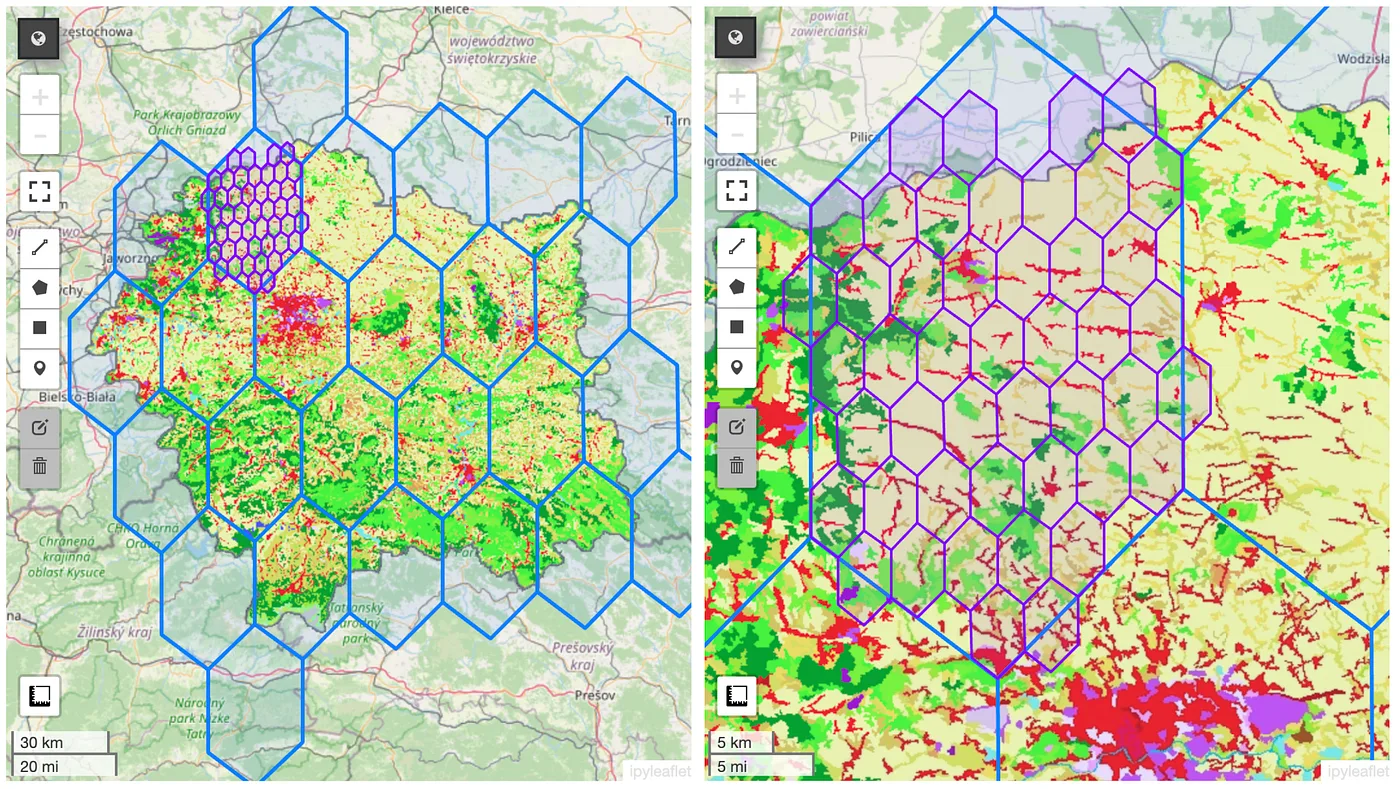 H3 hexagonal grid over a region at zoom level 4 beside the same area at a finer zoom level, illustrating recursive sampling.