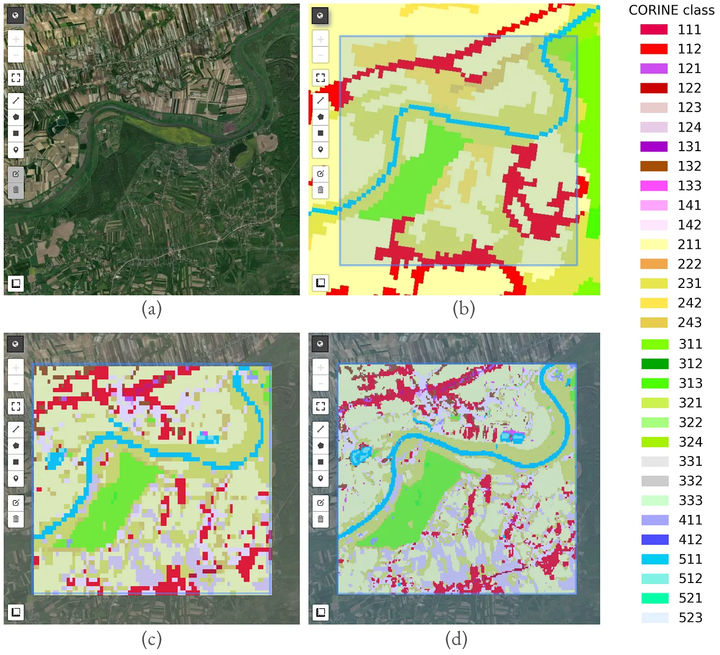 Four-panel comparison of the same area: ESRI satellite imagery, CORINE 2018 classes, LUCERA 2018 at 100 m per pixel, and LUCERA 2018 at 30 m per pixel.