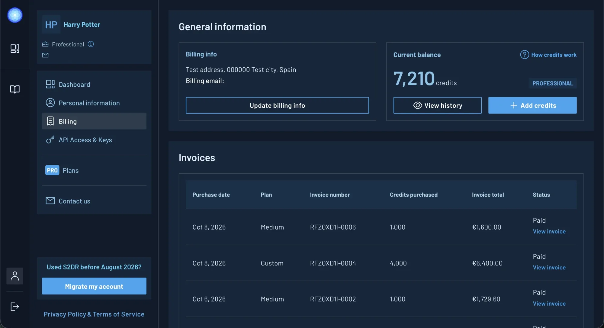 The Billing page of the Gamma Earth platform: billing details, a current balance of 7,210 credits with View history and Add credits buttons, and a table of invoices.