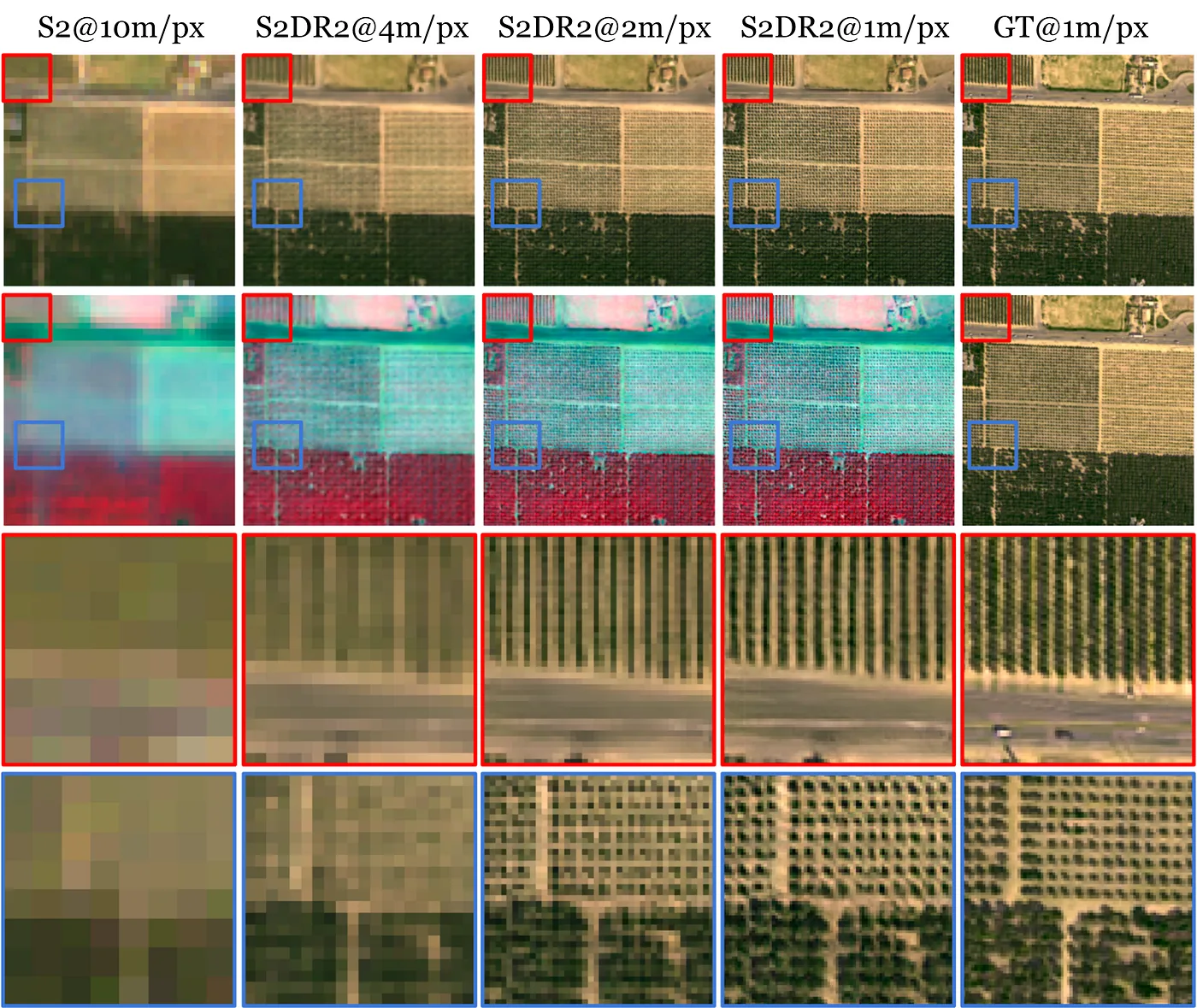 Rows of matched crops showing Sentinel-2 at 10 m/px, S2DR2 resampled to 4, 2 and 1 m/px, and 1 m/px ground truth of a tree plantation.