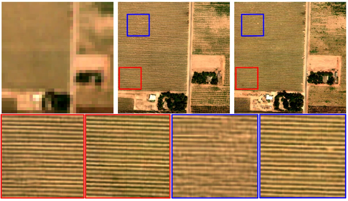 Grid of image triplets with successful reconstructions outlined in red and unsuccessful ones in blue, comparing Sentinel-2, S2DR3 and ground truth.